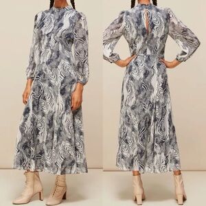Whistles Multicolour Flowing Tiger Joan Midi Dress Chiffon Navy Blue Size 2